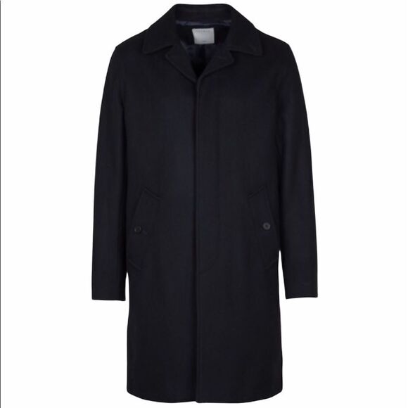 Sandro Straight Wool And Cashmere Blue Marine Overcoat Size Medium - Picture 1 of 10